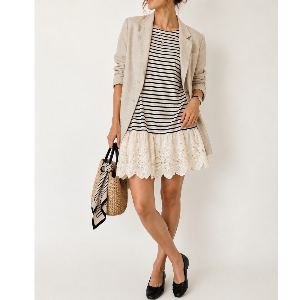 Soft Surroundings Striped Lace Hem Top Button Shoulder Cream Black PL Petite L‎